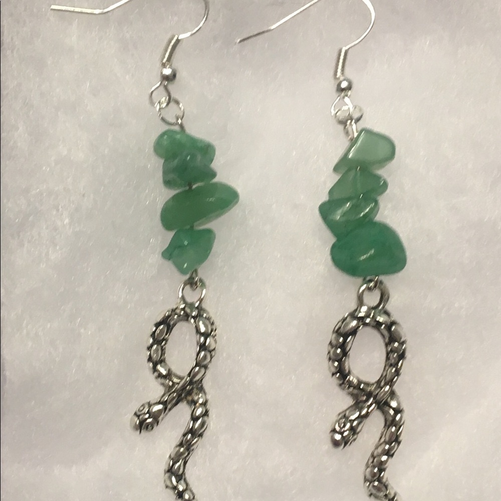 SOLD Green Aventurine Silver Snake Dangle Earrings - Picture 2 of 8